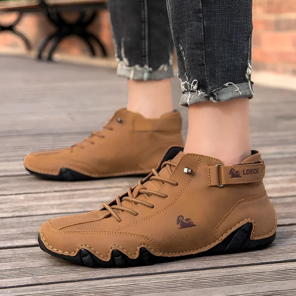 Men's octopus style high top boots in khaki colour with a microfiber upper and flat rubber sole.