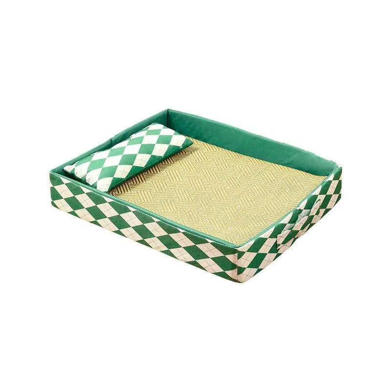 Blue rattan weave cat mat with non-slip base shown in size L, placed on a wooden floor.