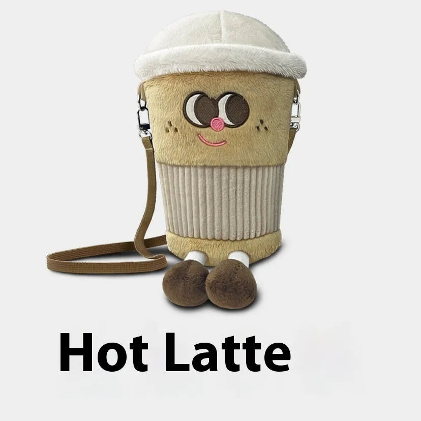 Cute plush bucket crossbody bag with embroidery in milky tea cup shape Latte colour