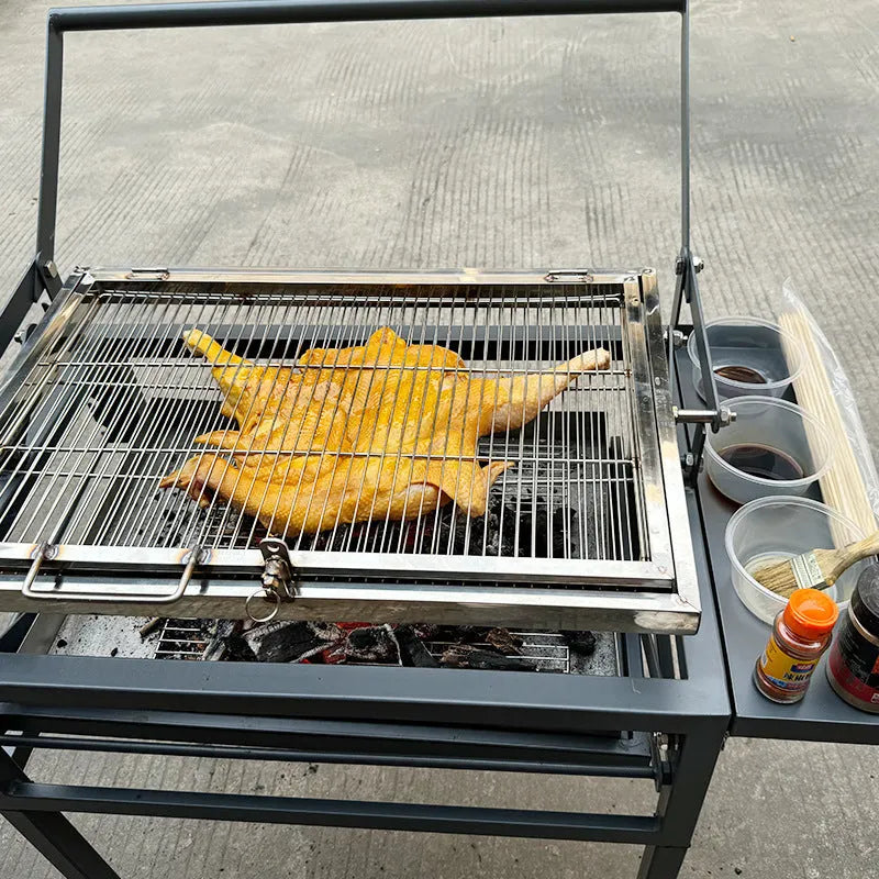 Large portable foldable charcoal barbecue grill with detachable components