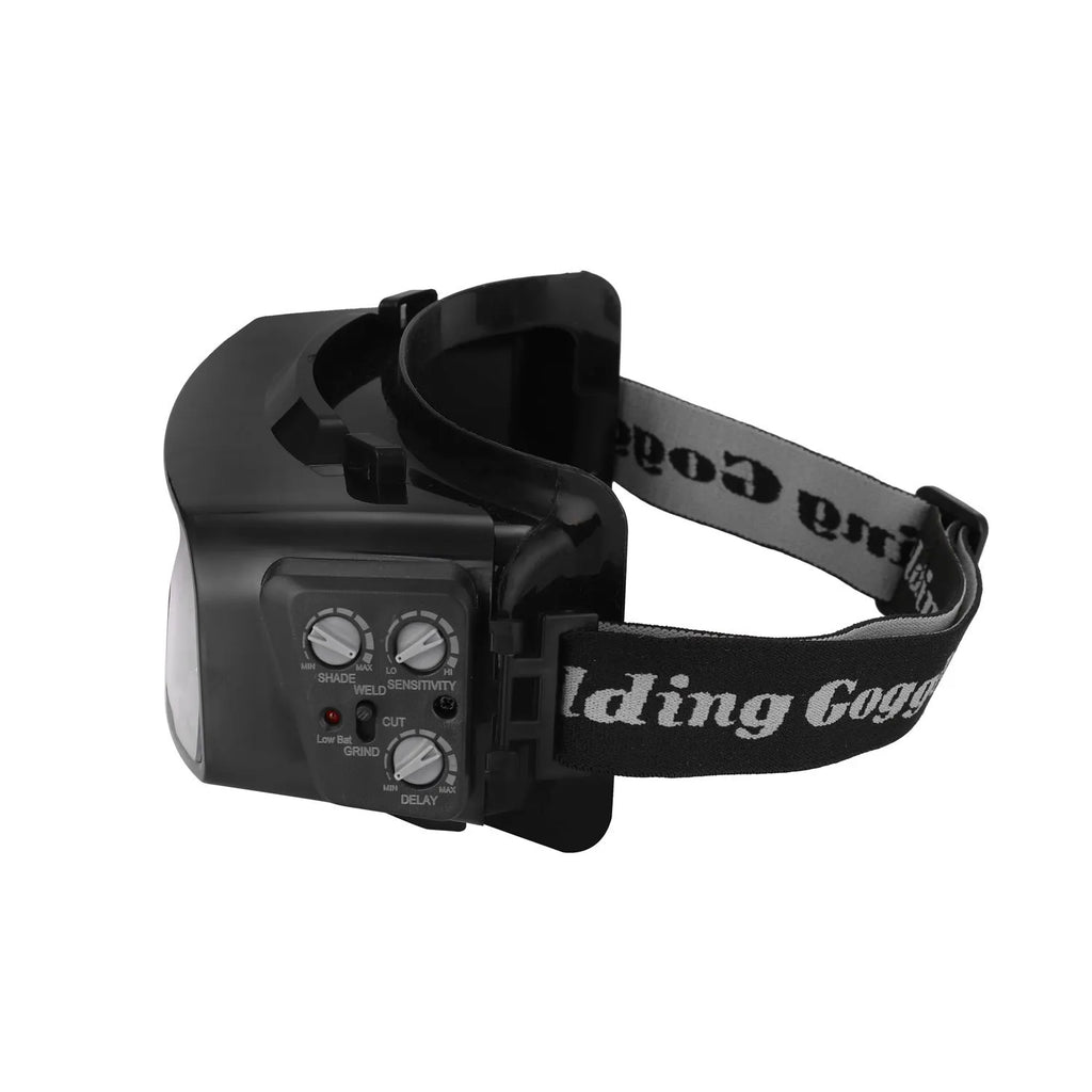 Black automatic darkening welding mask with protective headwear, showing the large rectangular viewing lens.