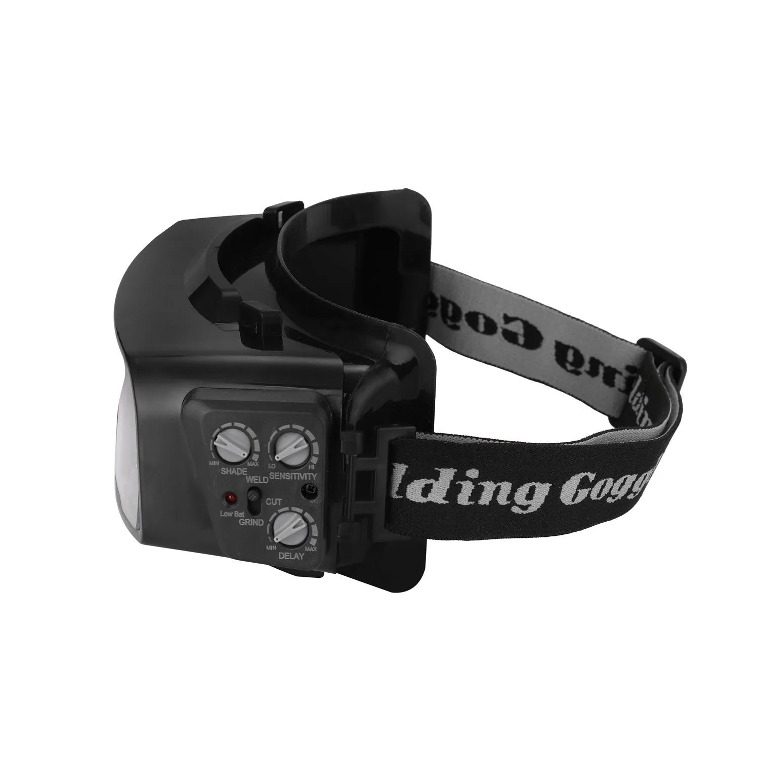 Black automatic darkening welding mask with protective headwear, showing the large rectangular viewing lens.