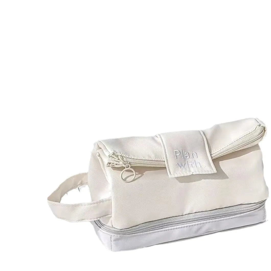 Double-layer foldable pencil case in polyester with beige, blue, and navy blue colour options