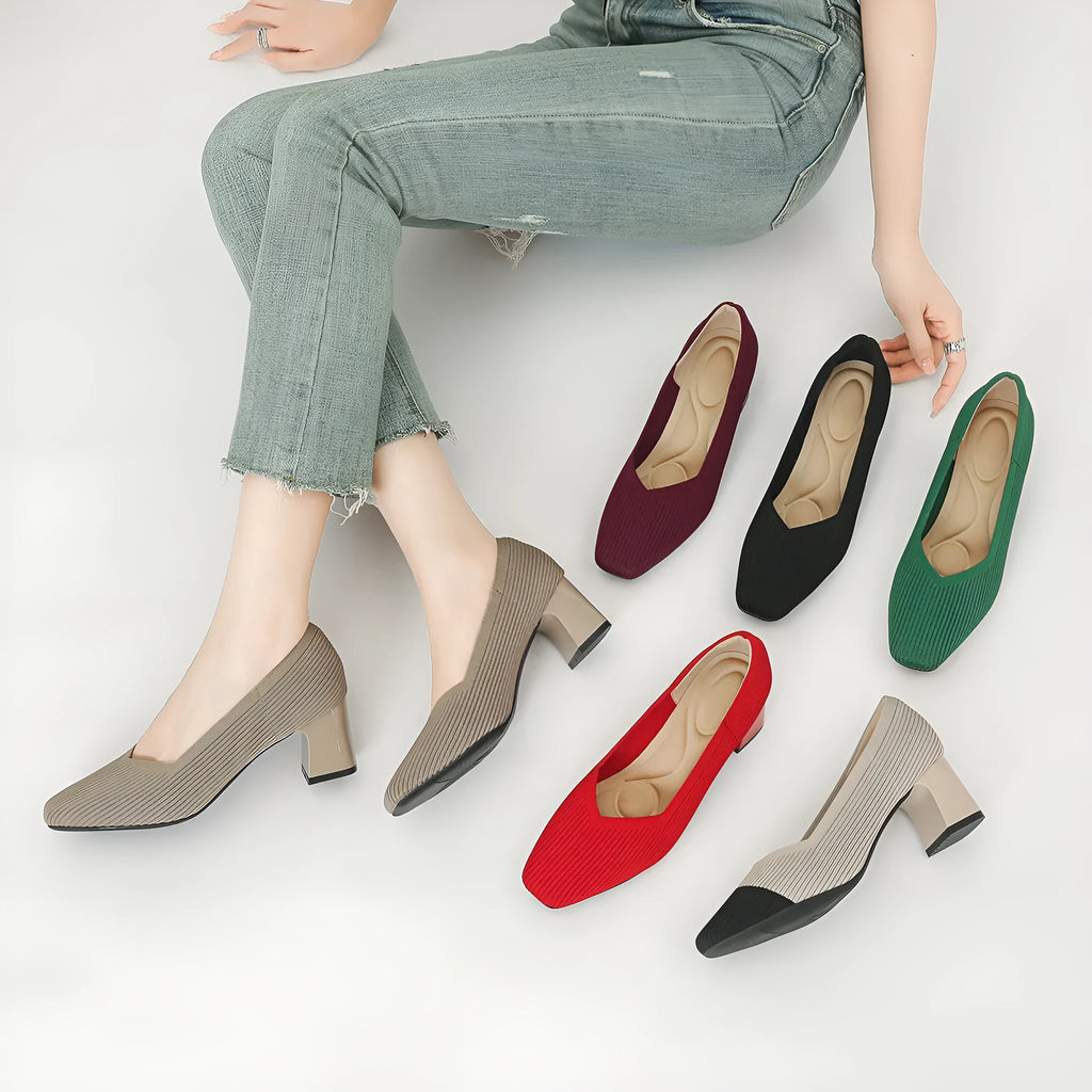 Women's thick head stiletto knitted shoes block heel square toe breathable commuting