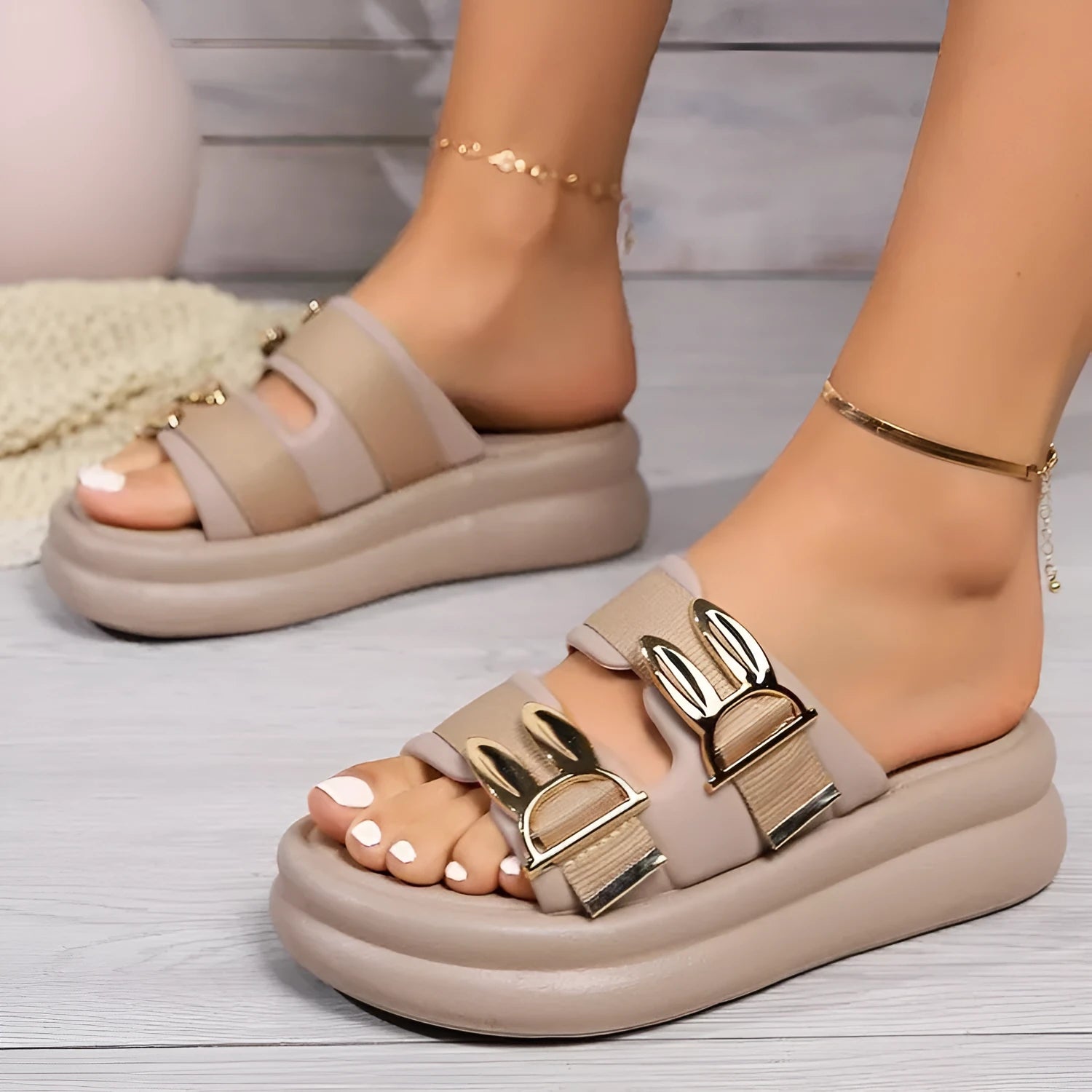 Women's suede slippers with thick rubber sole in apricot, black and off-white colours