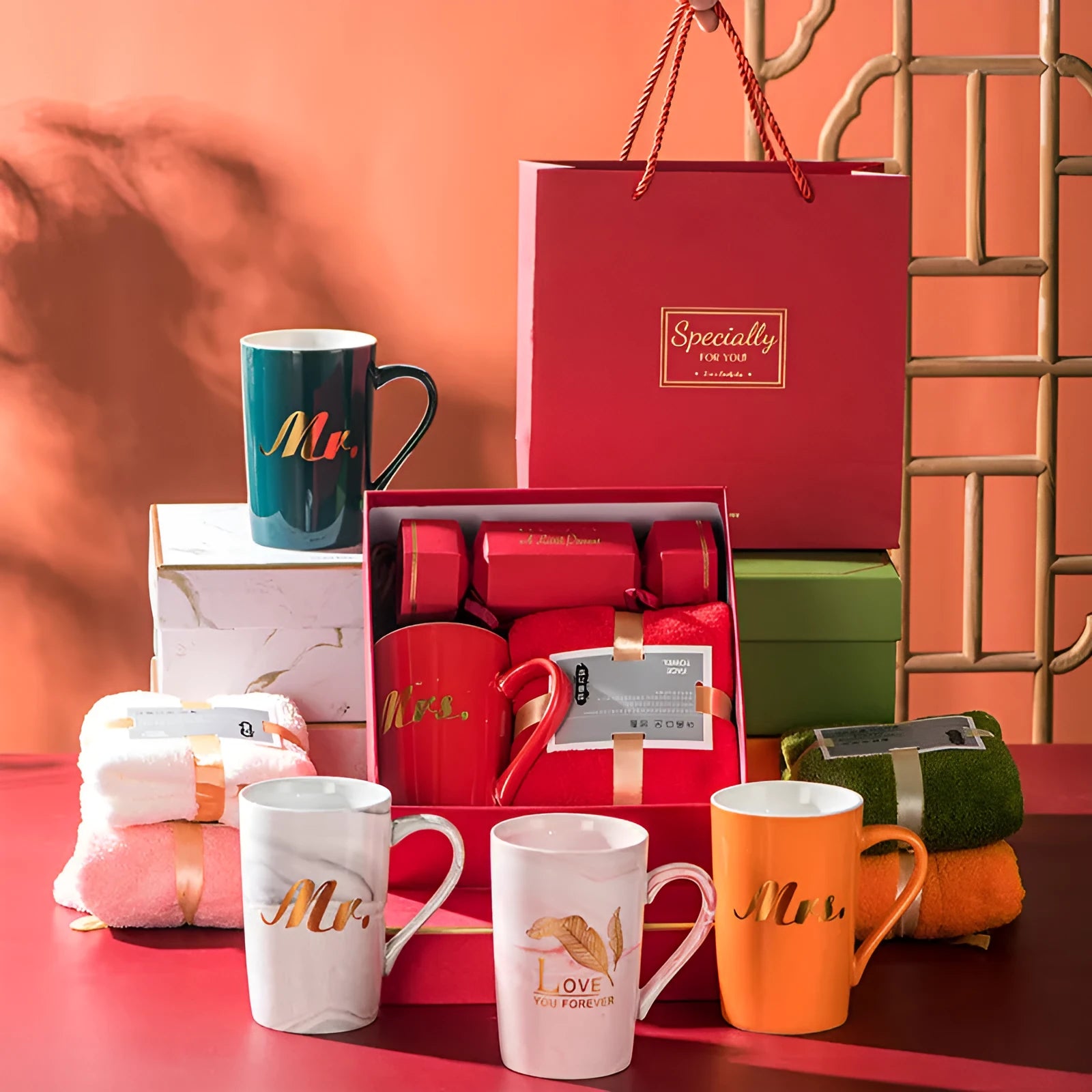 Ceramic cup gift box set with towel and candy in light luxury style height 12cm caliber 7.8cm 301-400ml