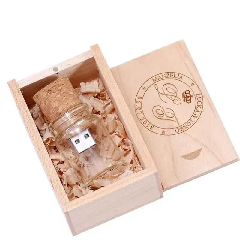 Wooden wish bottle USB flash drive with transparent design showing coloured beads inside