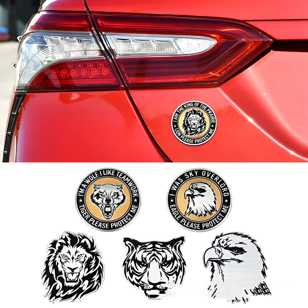 Aluminium car body stickers showing round lion, eagle, wolf head and tiger emblem designs for vehicle exterior decoration