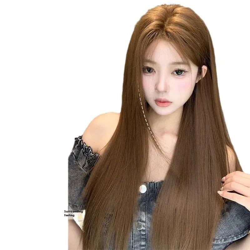 Long straight warm brown lace front wig with centre-parted bangs and forehead lace