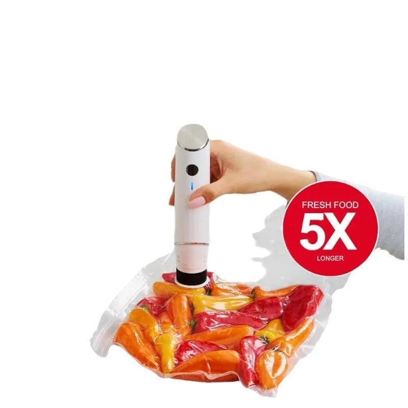 White USB electric suction pump with five 26x28cm plastic vacuum storage bags for food preservation