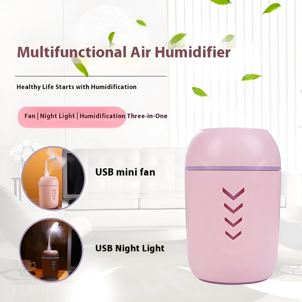 Round portable air purifier in white, pink or blue with USB cable for desktop or vehicle use