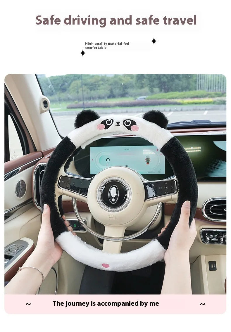 Plush thermal car steering wheel cover with embroidered cartoon pattern measuring 38cm diameter