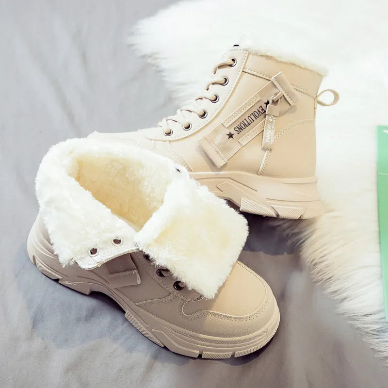 Plus size women's tall lace-up snow boots with fleece lining and a rubber sole.
