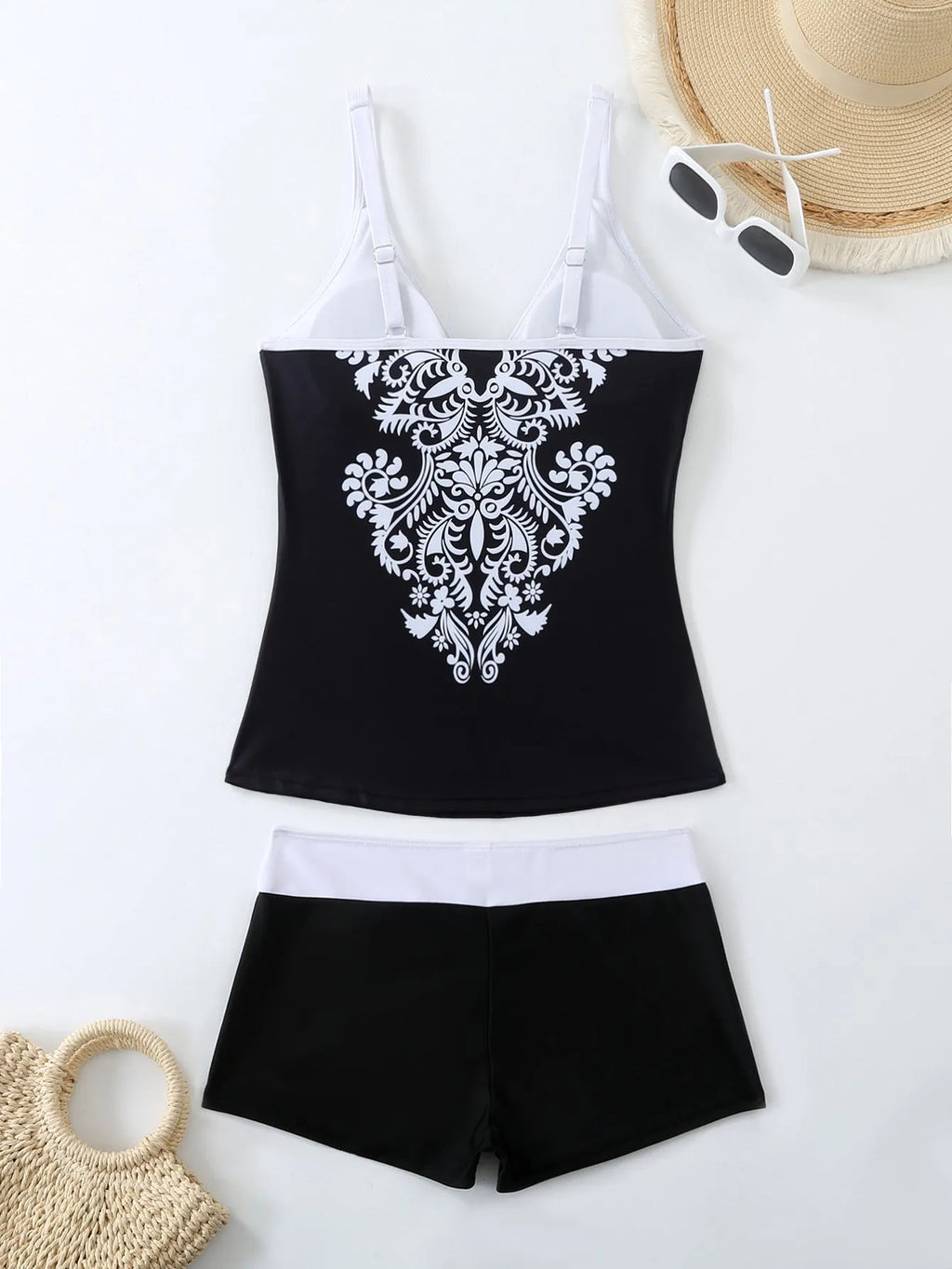 Women's plus size printed swimsuit and matching trunks set in black or rose red colour