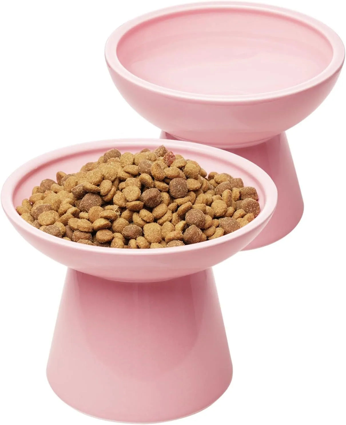 White ceramic elevated cat bowl with wide shallow dish on wooden floor