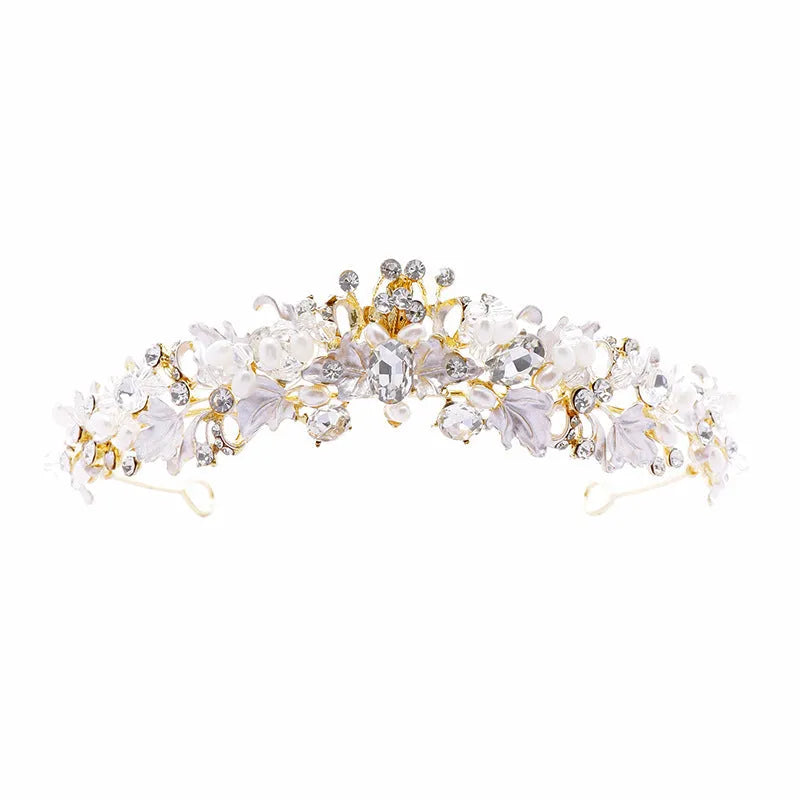 Women's pearl-decorated alloy crown headdress in gold or silver electroplated finish.