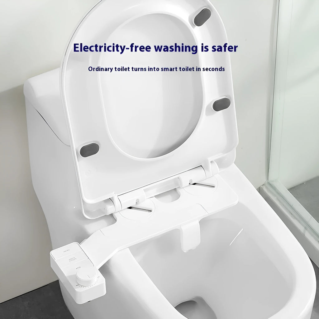 Button wash toilet cleaning system in pure white ABS plastic with water-powered operation and multiple plumbing adaptors