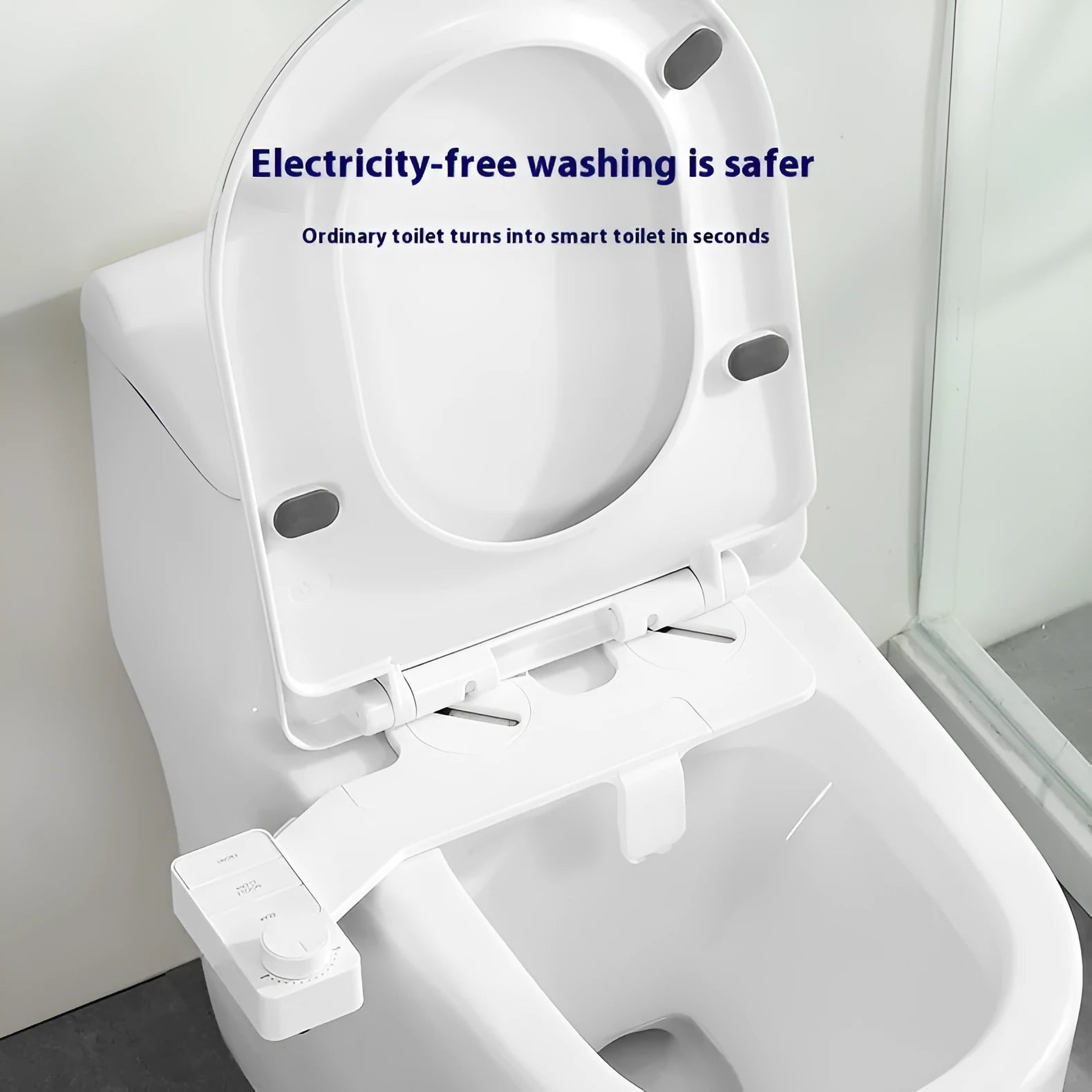 Button wash toilet cleaning system in pure white ABS plastic with water-powered operation and multiple plumbing adaptors
