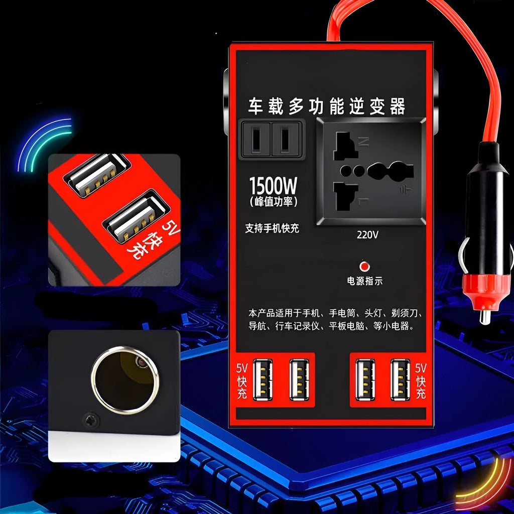 Black automotive power converter transforming 12V/24V car battery to 220V AC with USB charging ports