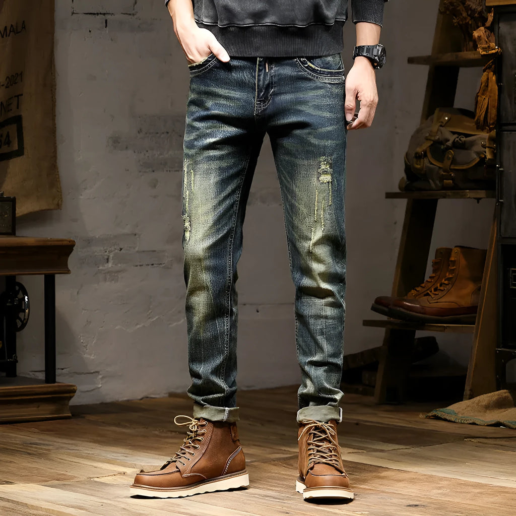 Men's retro colour stretch jeans in skinny fit with zip fly