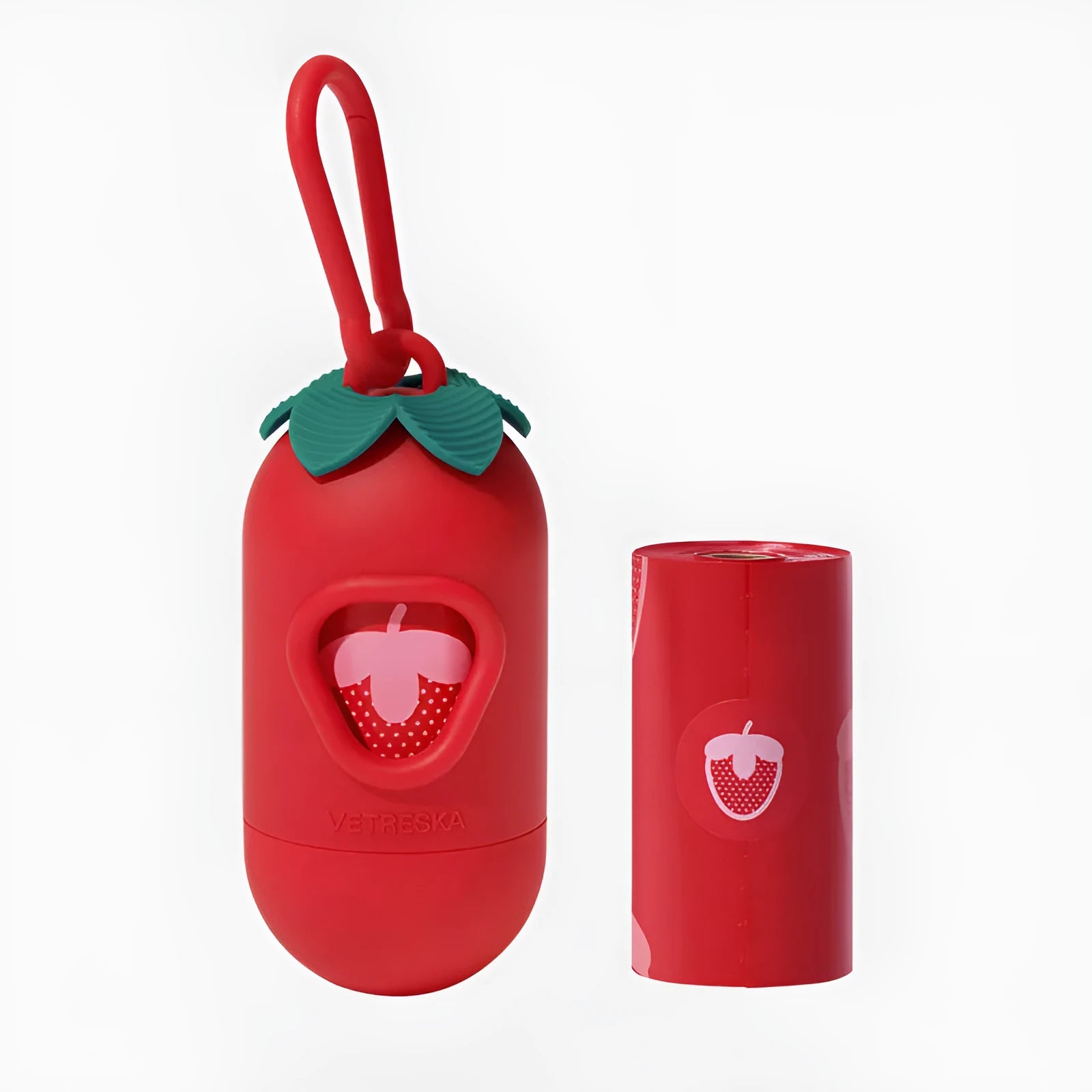 Portable dog waste bag dispenser capsule with scented inner bags in strawberry, orange, and cherry blossom options