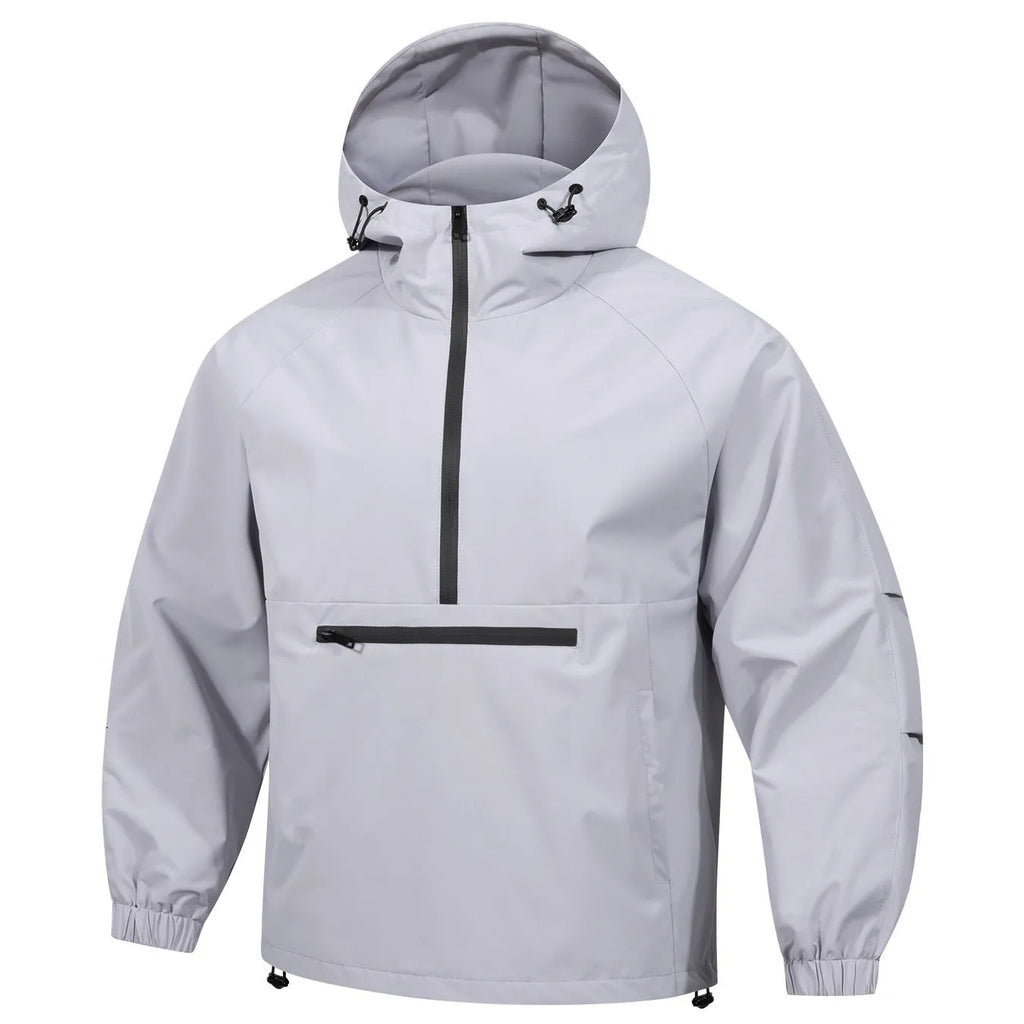 Men's Korean-style loose half-zip hooded corduroy jacket in light grey colour