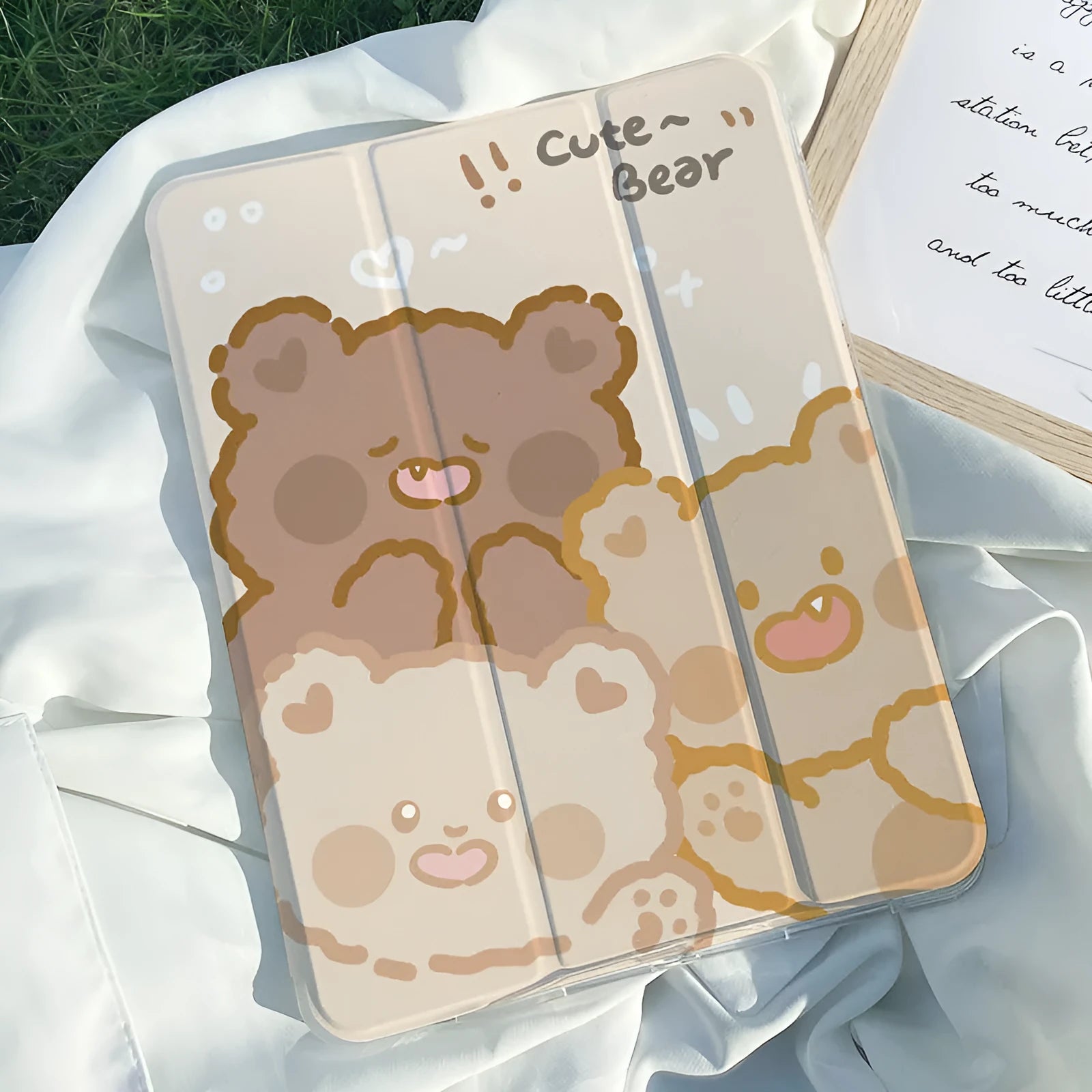 Silicone rabbit cartoon tri-fold protective case for iPad in stand mode.