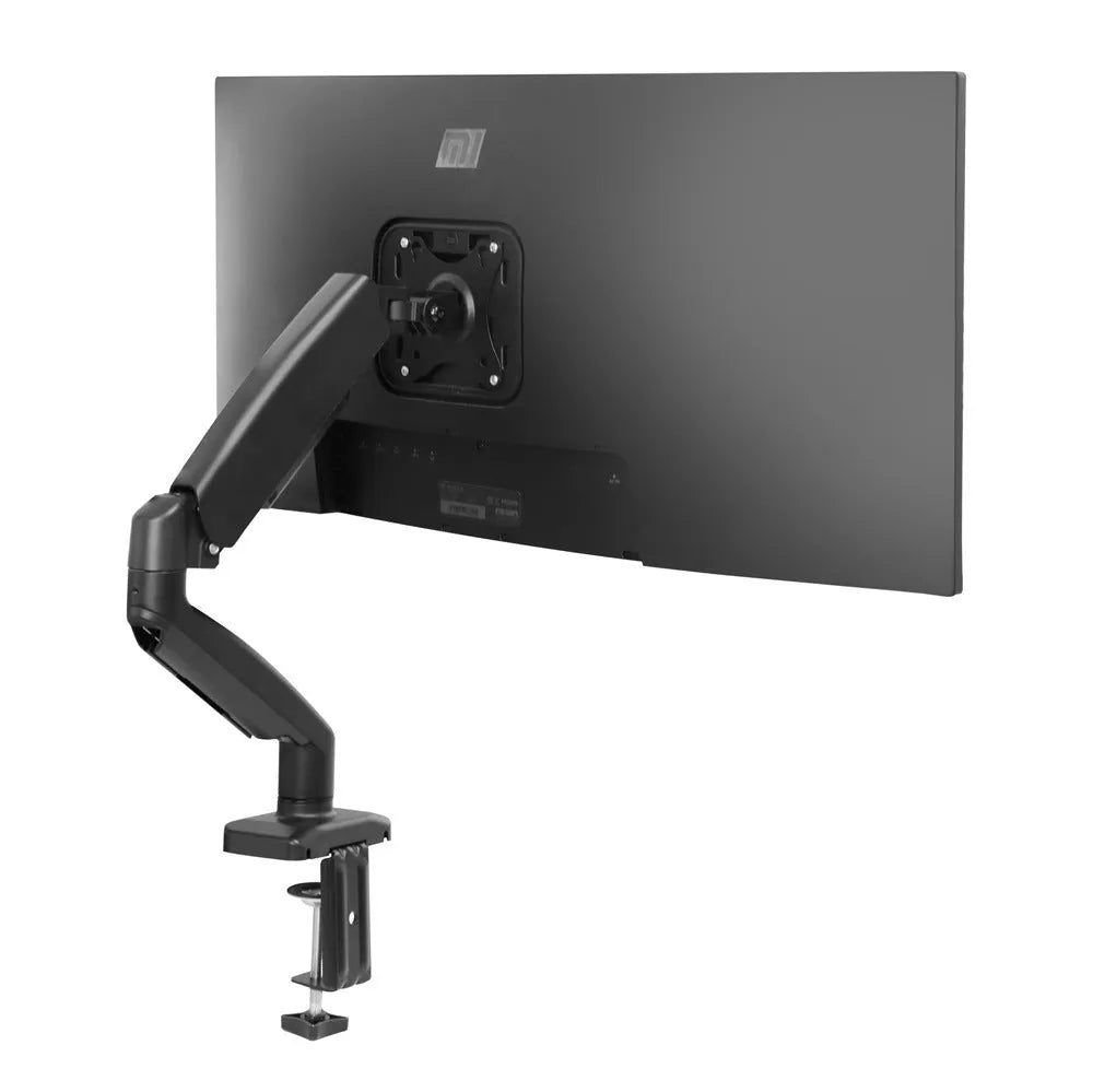 Black and white rotating telescopic LCD screen bracket with metal and aluminium construction on a desk