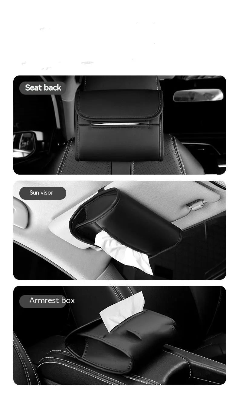 Leather car tissue box with elastic band for vehicle mounting in various colour options