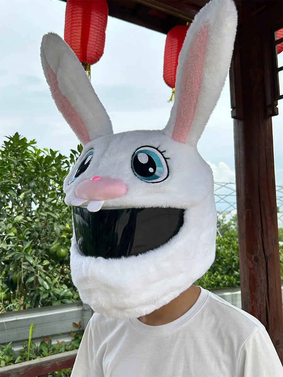 White decorative rabbit head helmet cover for electric motorcycles with plush lining.