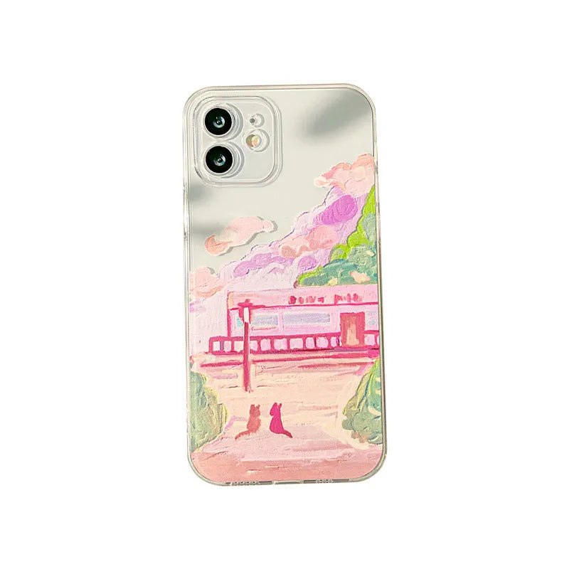 Soft silicone iPhone case with a colourful cartoon graphic of two cats on the back.