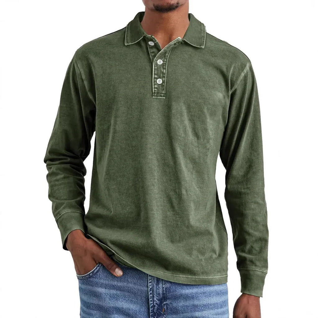 Men's retro washed distressed pure cotton lapel long sleeve polo shirt on a hanger.
