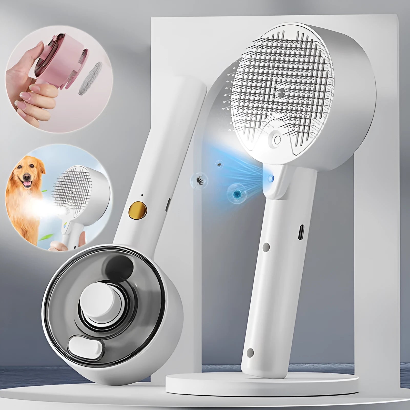 Ceramic white pet grooming brush with spray nozzle, UVC blue light, and fine needles for dogs and cats.