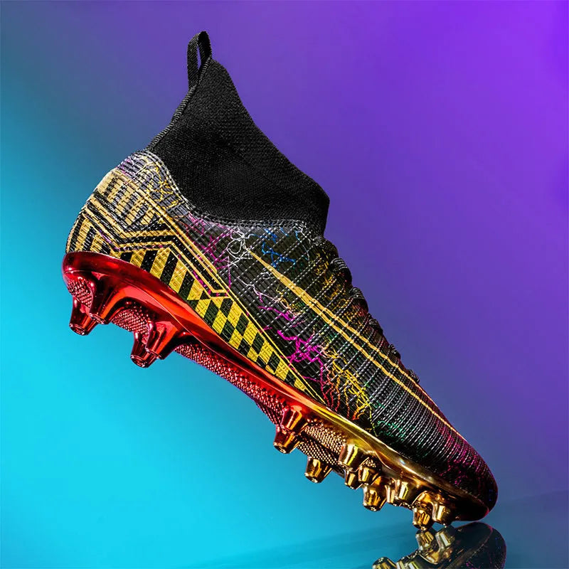 Men's high-top football training shoes with a gold plated bottom on a synthetic leather and PVC sole.