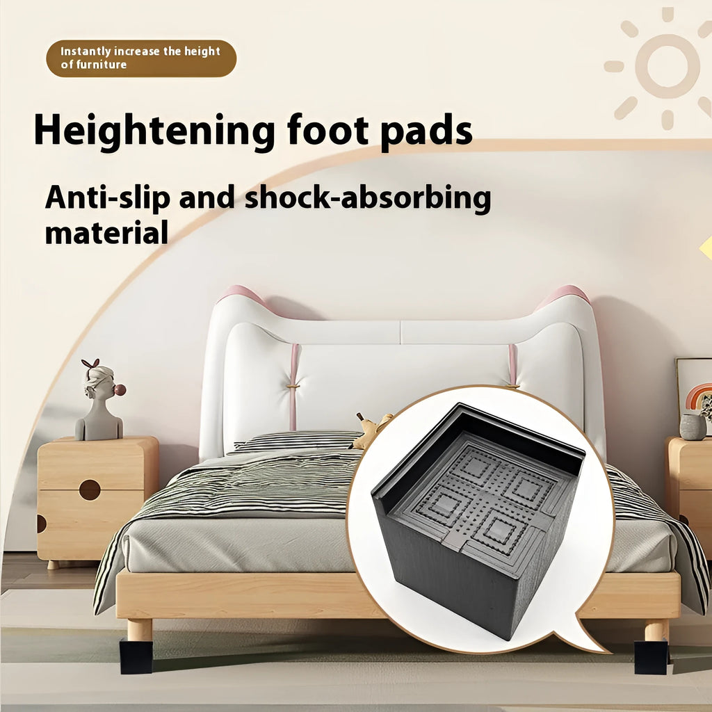 Four black plastic bed risers for raising furniture height with thickened support mats