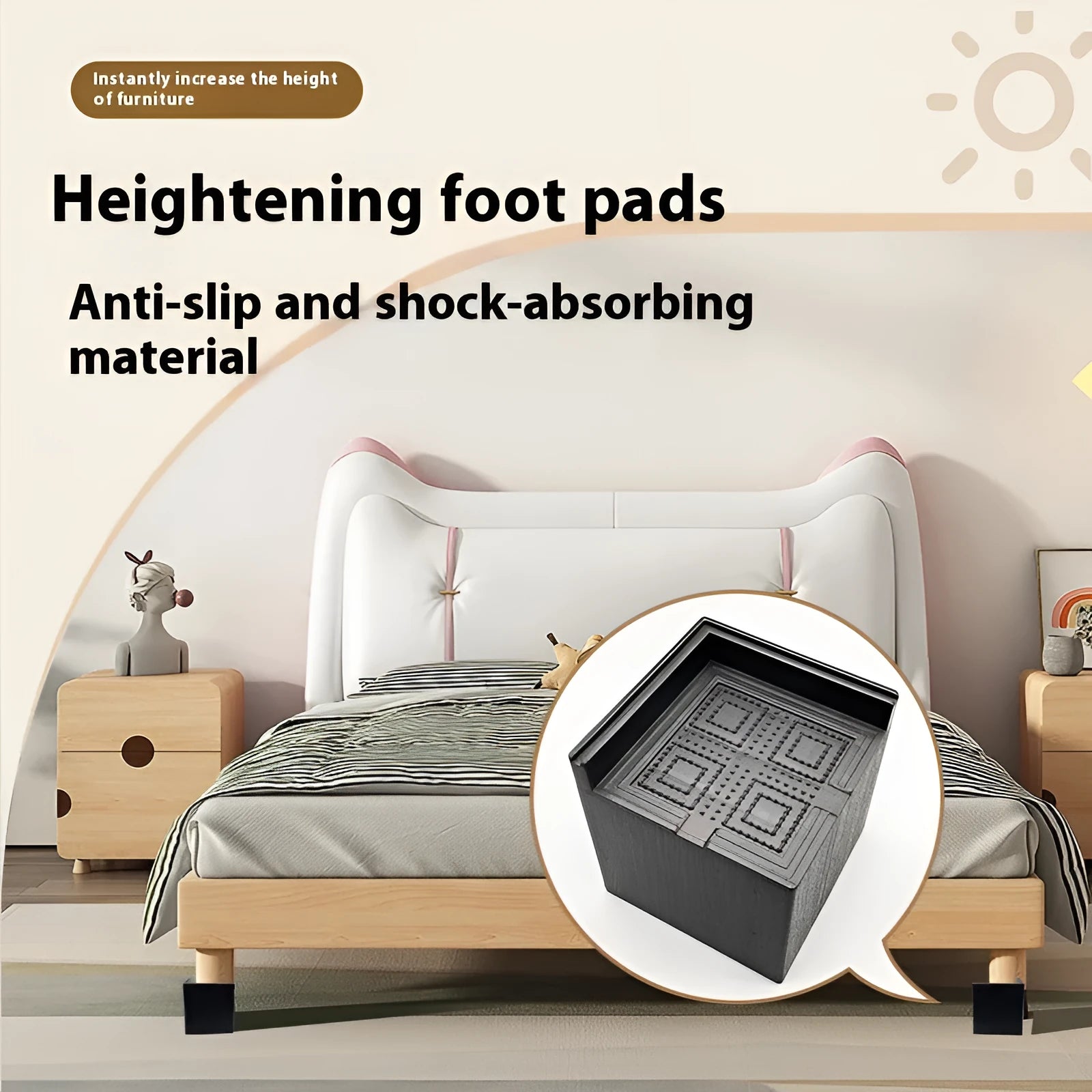 Four black plastic bed risers for raising furniture height with thickened support mats
