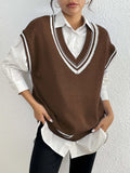 Women's college style loose fit vest sweater in black, blue, and coffee colour options
