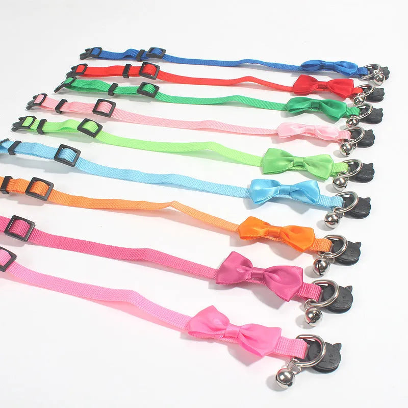 Striped adjustable bow tie cat collar with bell in multiple colour options on nylon ribbon