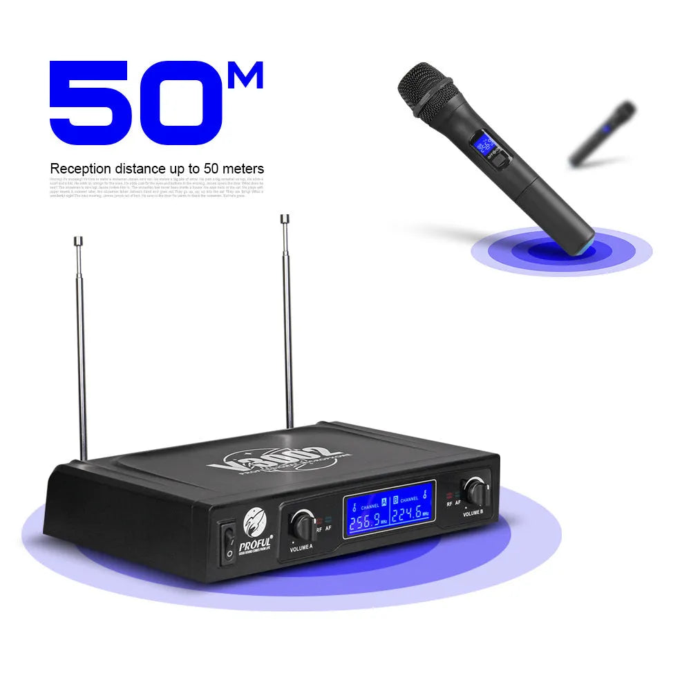 Black V-3002 wireless handheld microphone set with two mics and a transmitter on a dark surface.