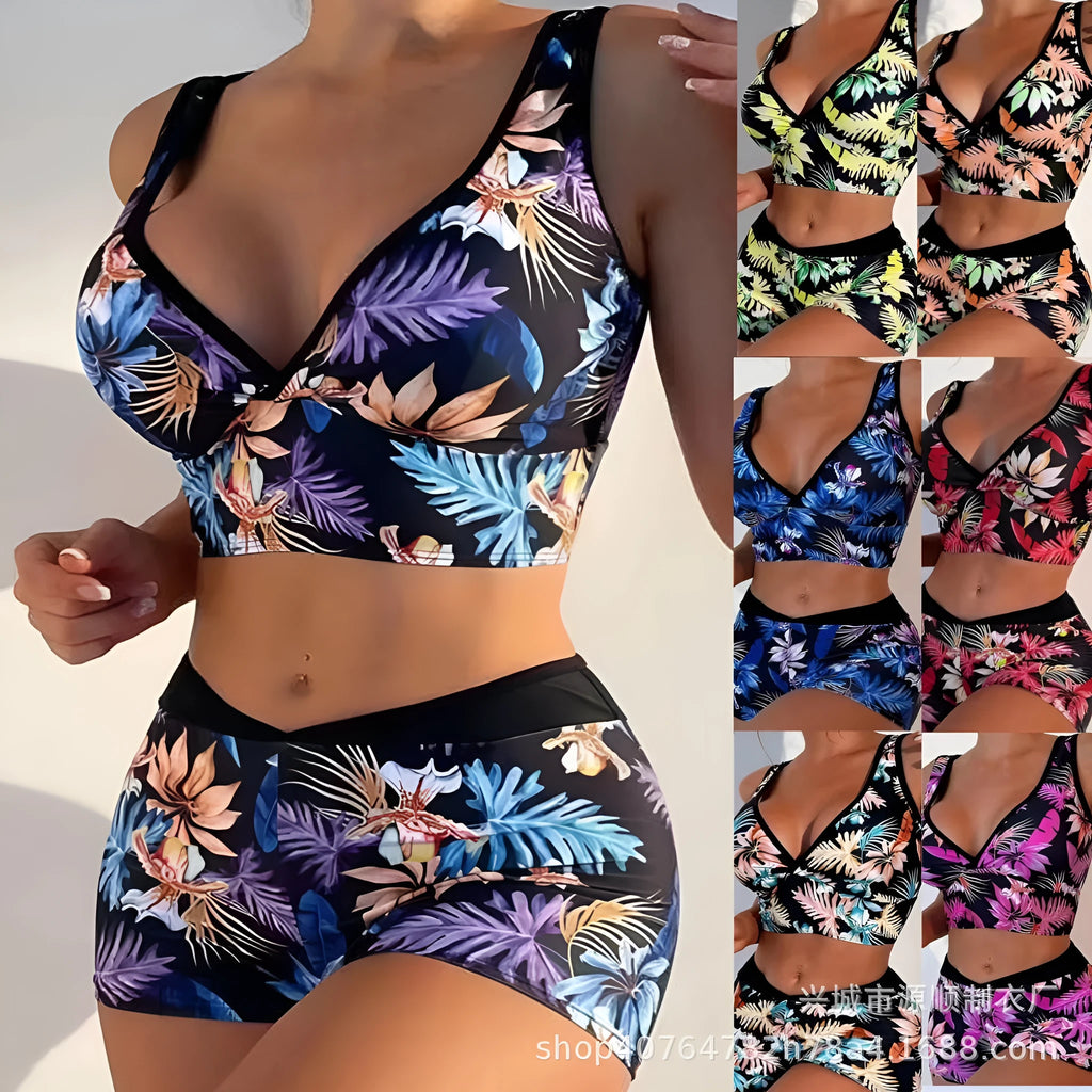 Women's two-piece polyester swimsuit with printed boxer shorts and sleeveless top
