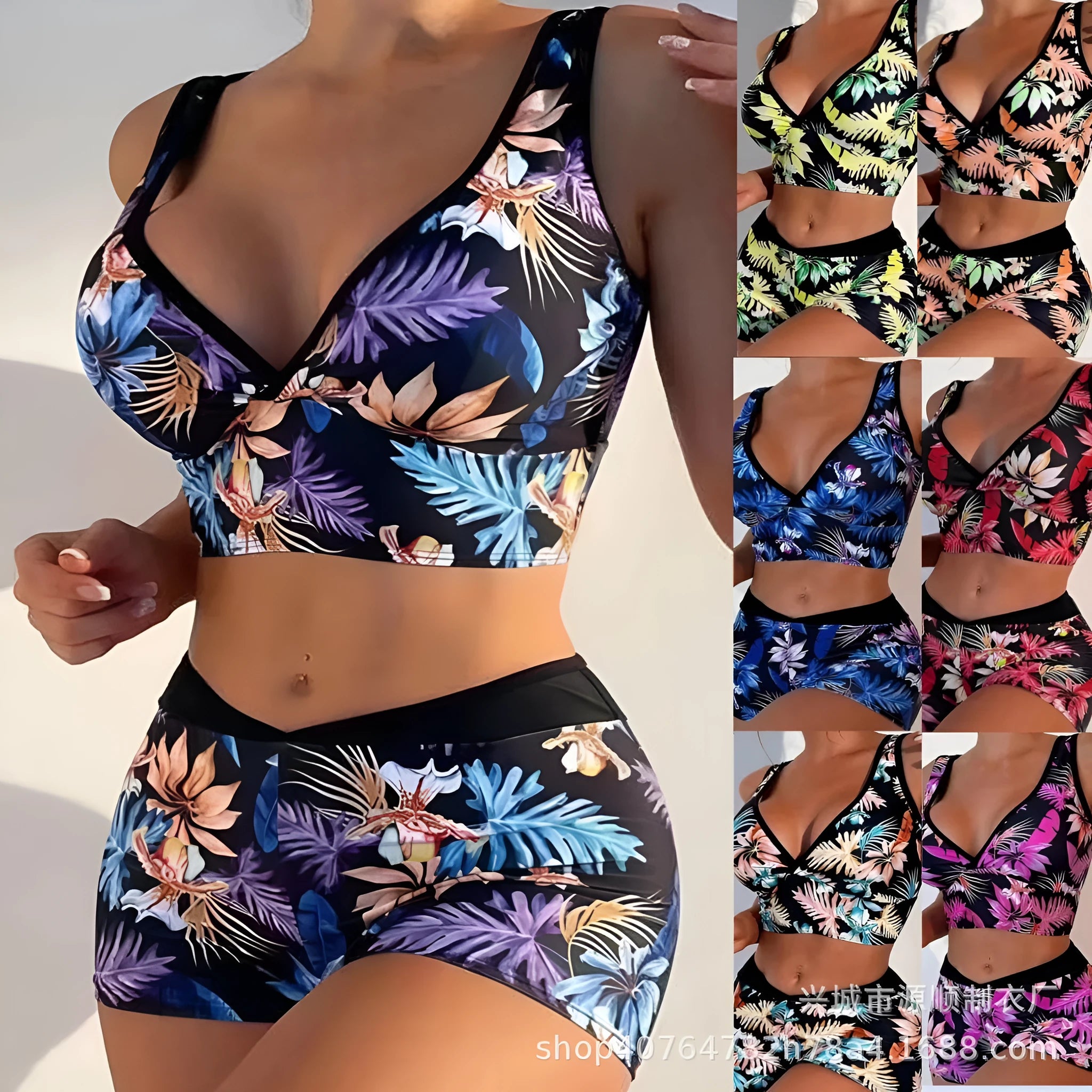 Women's two-piece polyester swimsuit with printed boxer shorts and sleeveless top