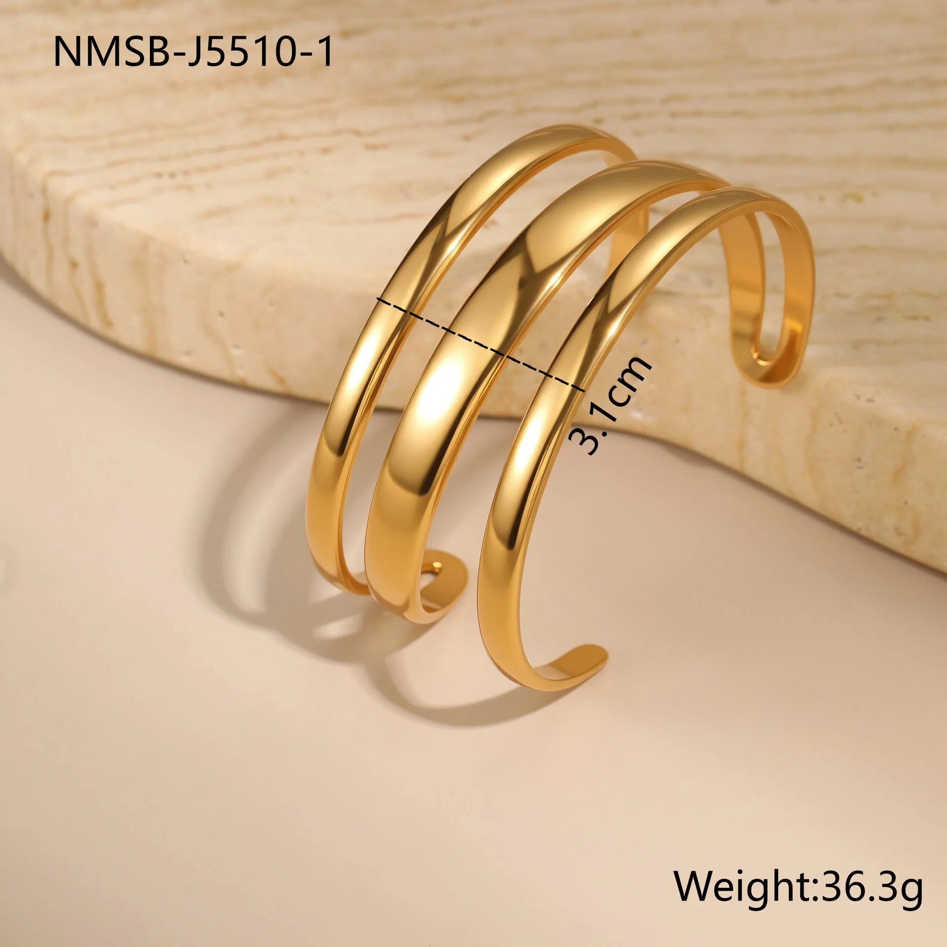 Women's stainless steel geometric bracelet with simple opening in gold or steel electroplated finish.