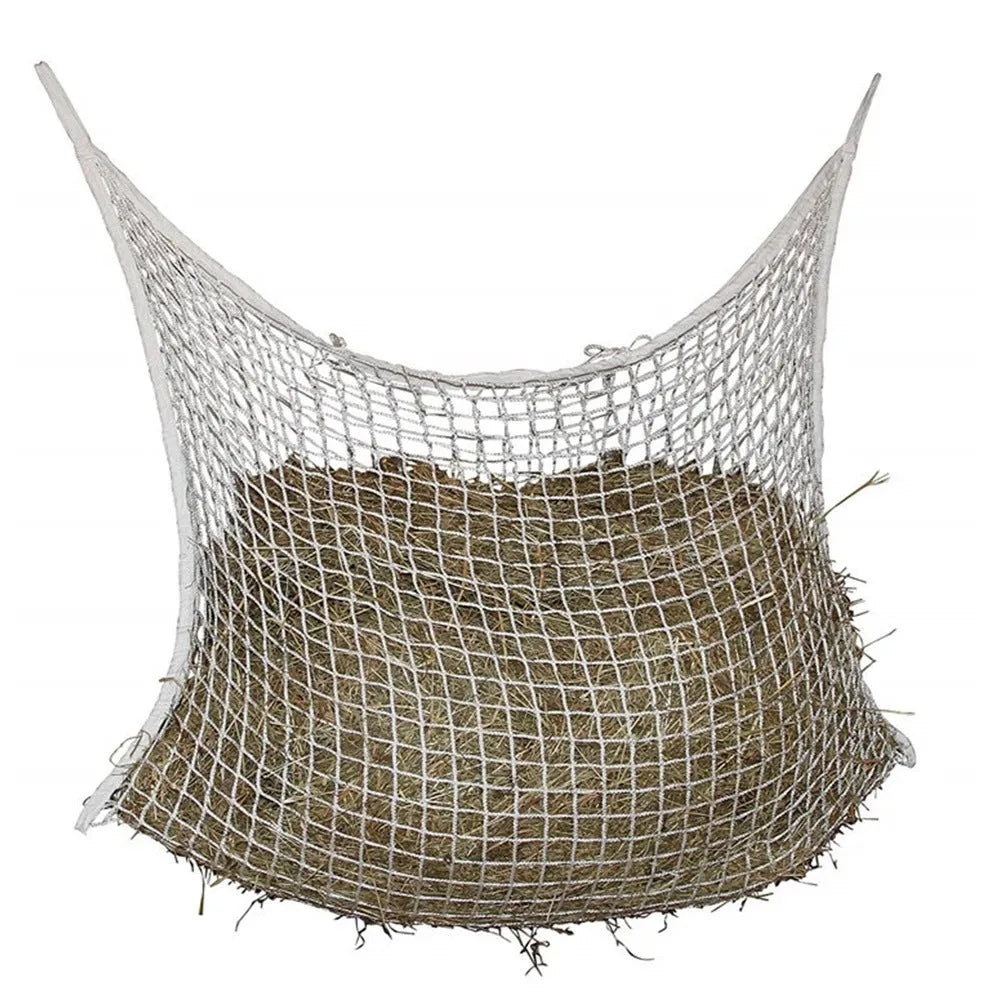 Black woven PE rope grid hanging feeding bag for horses, cattle and sheep.