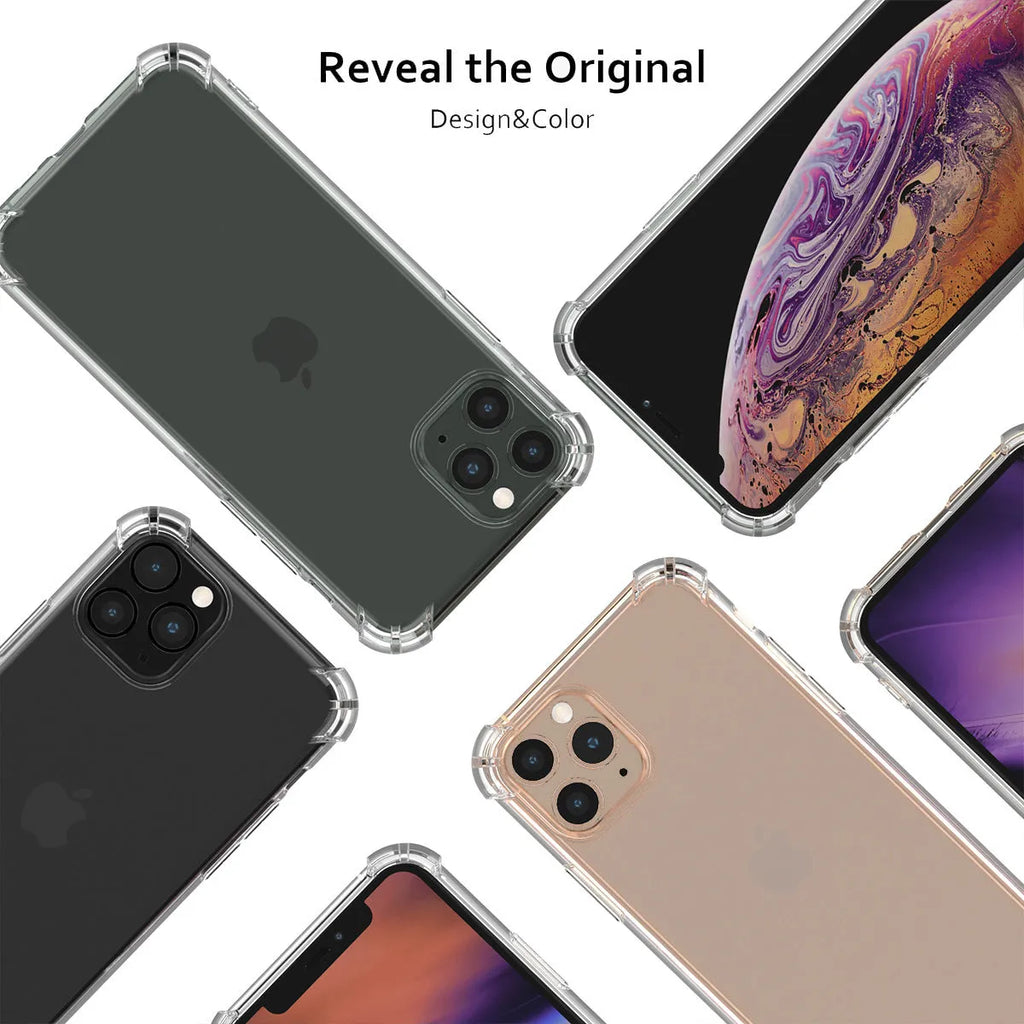 Transparent shockproof TPU phone case for Apple iPhone showing clear protective coverage