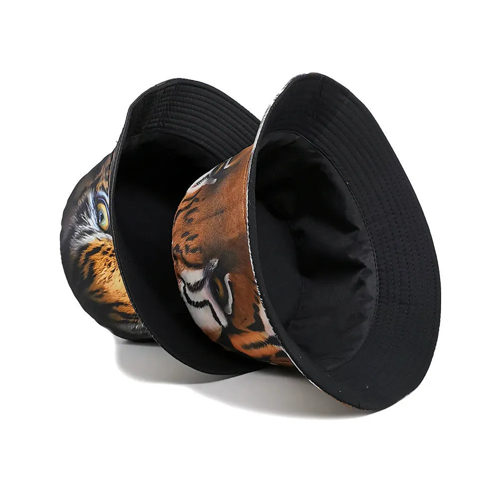 Retro tiger print bucket hat in khaki colour with dome crown for sun protection.