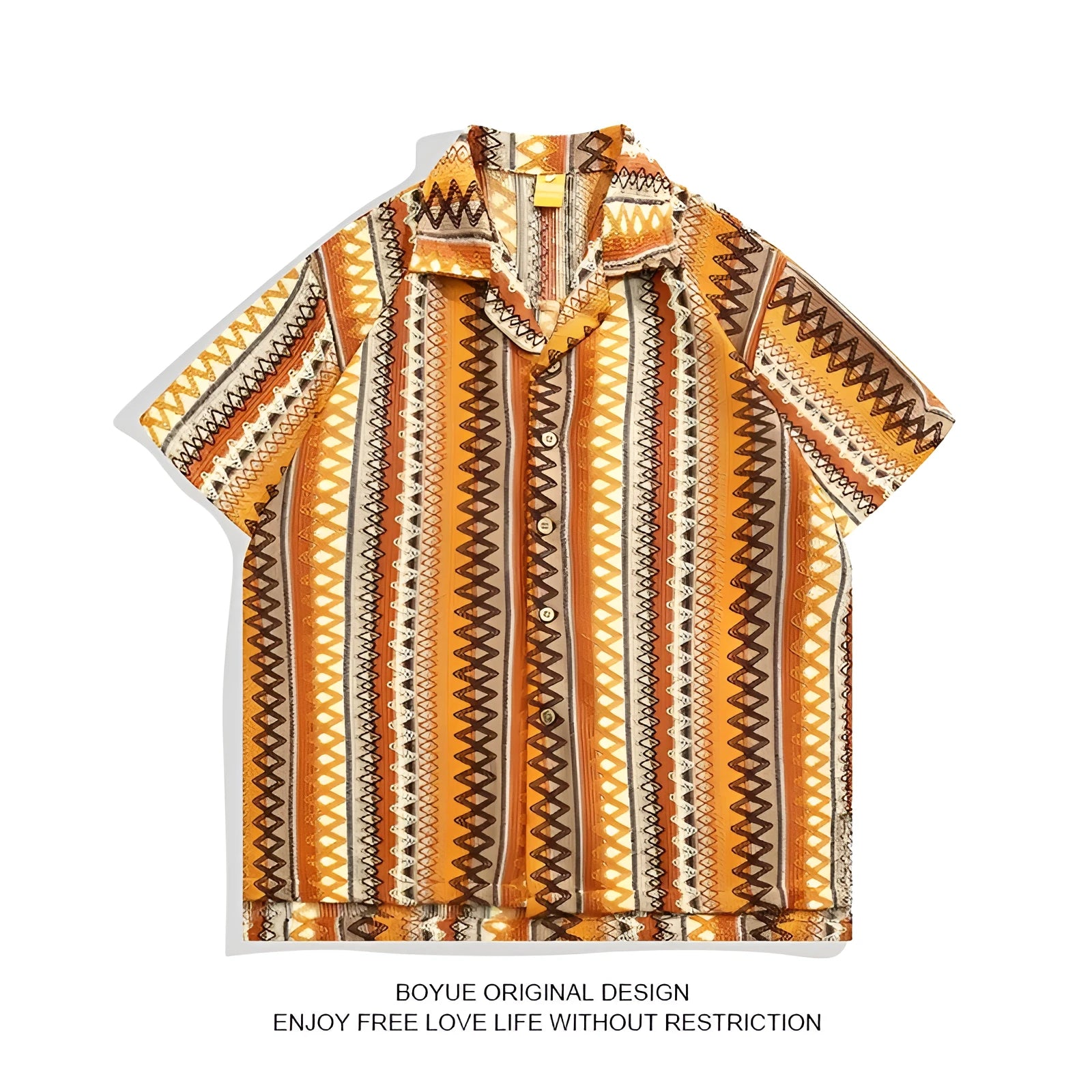 Ethnic style woven Cuban collar shirt with contrast colours and drop-shoulder sleeves