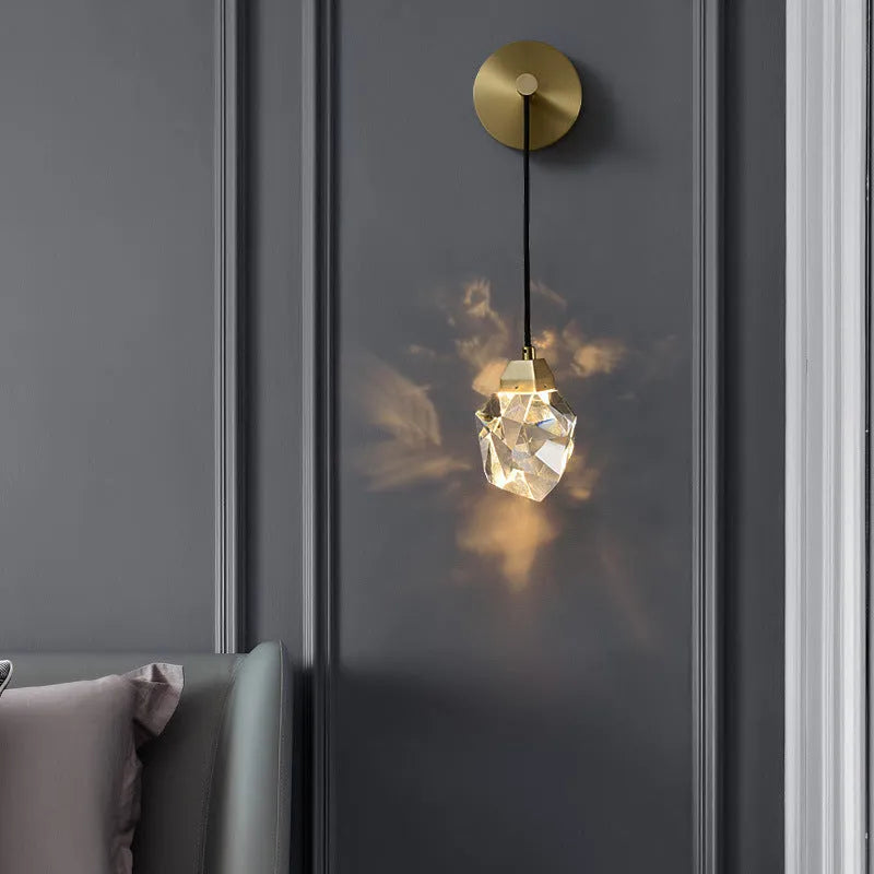Copper crystal wall lamp with platinum finish and LED three colour lighting for modern living room