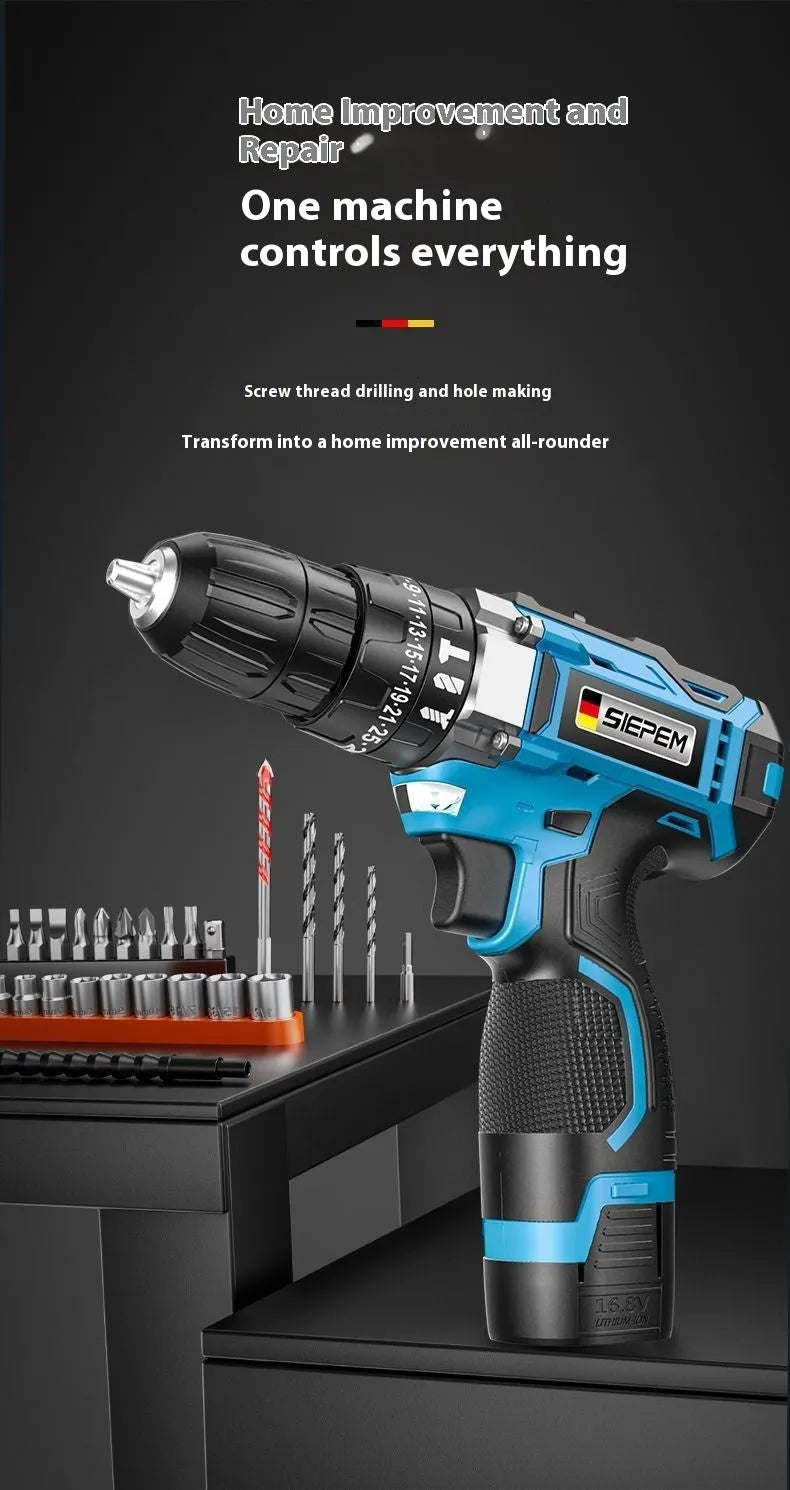 Cordless impact driver drill with pistol grip, LED light and plastic storage case containing drill and screwdriver bits