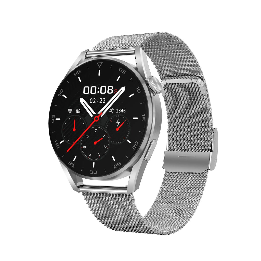 Bluetooth smart watch with 1.3-inch display showing call interface and QR scanner, available with metal or leather wristband