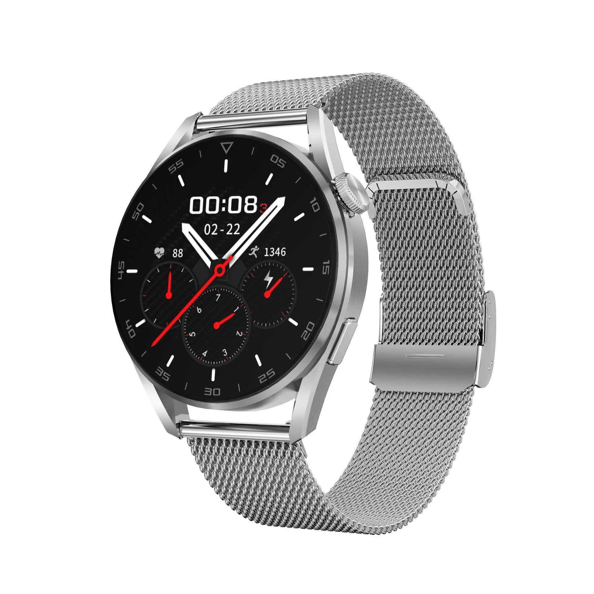 Bluetooth smart watch with 1.3-inch display showing call interface and QR scanner, available with metal or leather wristband